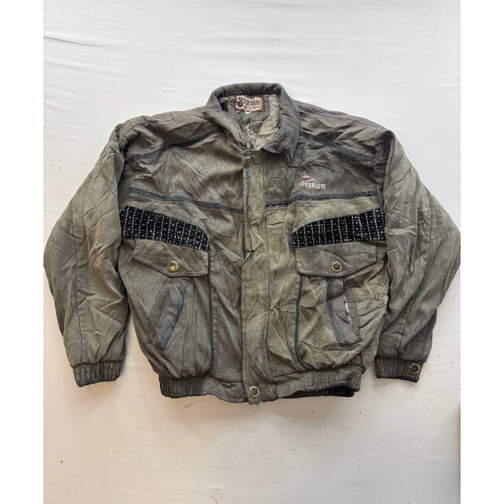 Vintage Shefiron Bomber Jacket Mens Green Corduroy Textured Embroidered 90s XL